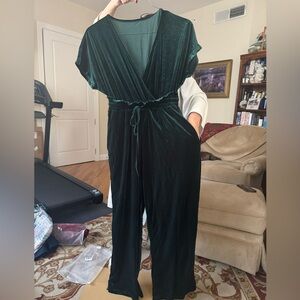 Cranberry and forest green velvet jumpsuits